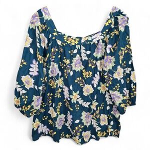 Chaps Top Womens XL Blue Floral Print Square Neck Blouse Gauze Sheer Casual